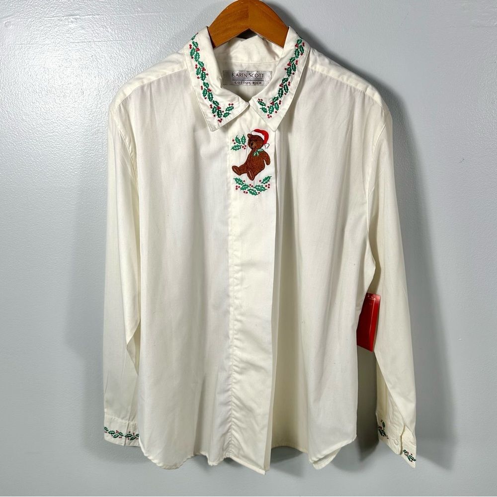 Karen Scott Vintage Cream Teddy Bear Holiday Button-Down Shirt NWT Size XL